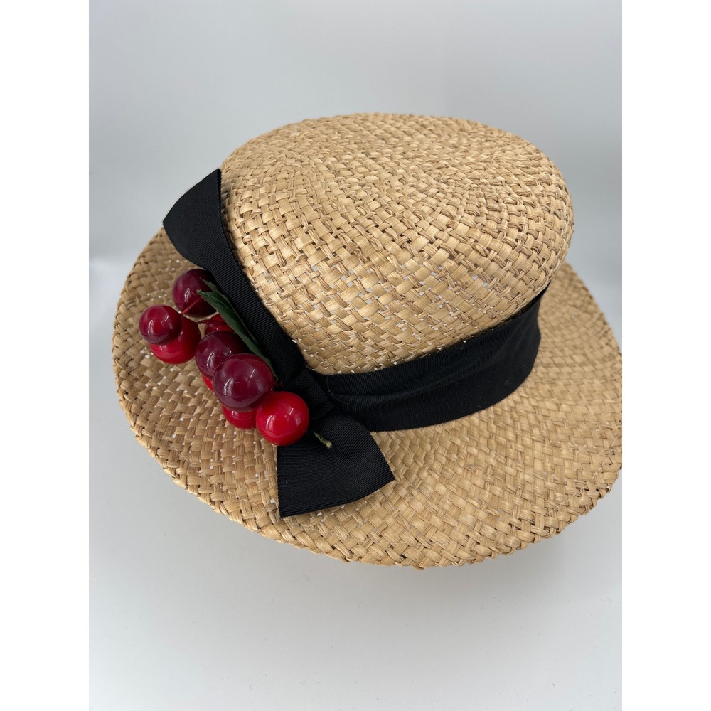 Vintage Straw Boater Hat Black Grosgrain Ribbon Red Cherries Fruit Accent Tan